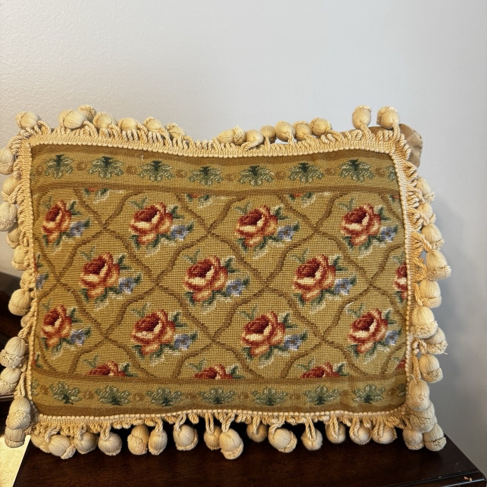 Vintage 100% Wool Embroidery Pillow 16X12" Floral Roses - Feather & Down Filled
